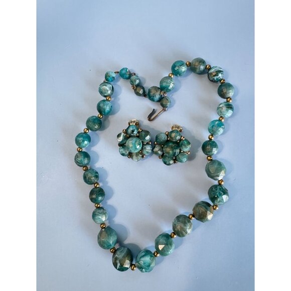 Vintage Kramer Midcentury Blue Beaded Necklace & Clip-On Earrings Set - Picture 2 of 5